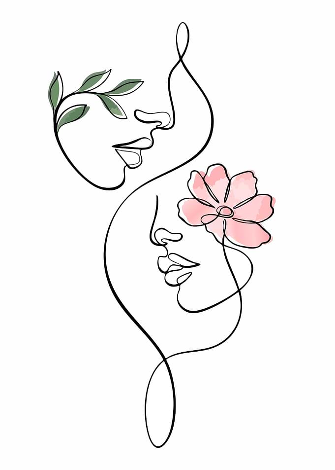 Abstract Line Art Faces with Flowers