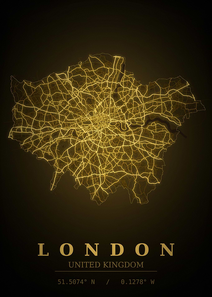 London Gold City Map — United Kingdom Night Travel Poster