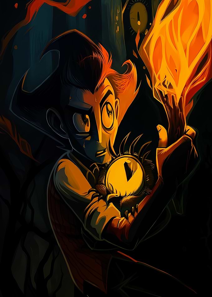 Wilson Holding a Fire Staff and Eye Orb