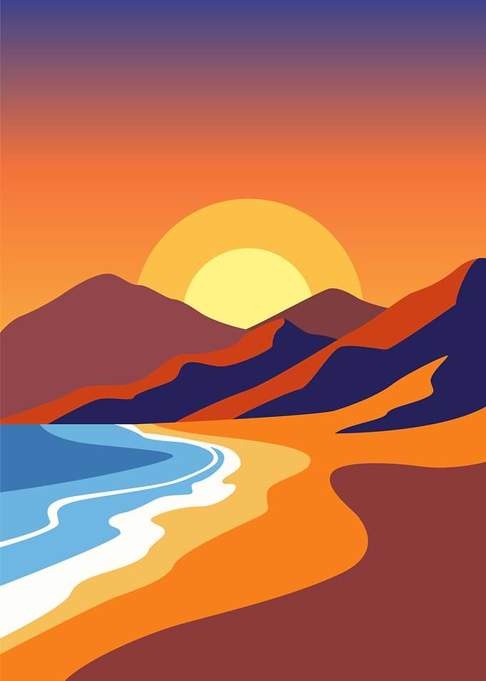 Sunset over a beach with mountains