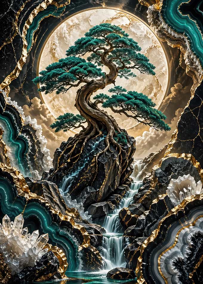 Bonsai Tree Waterfall Moon Landscape