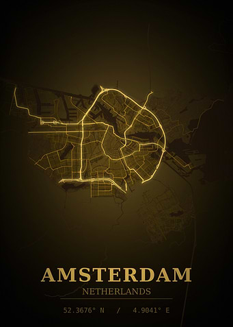 Amsterdam Gold City Map — Netherland Night Travel Poster