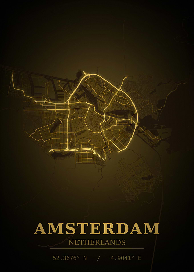 Amsterdam Gold City Map — Netherland Night Travel Poster