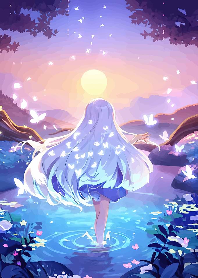 Girl in Water with Butterflies