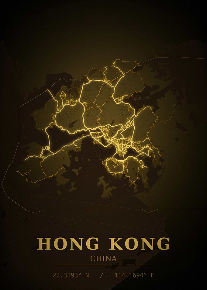Hong Kong Gold City Map — China Night Travel Poster