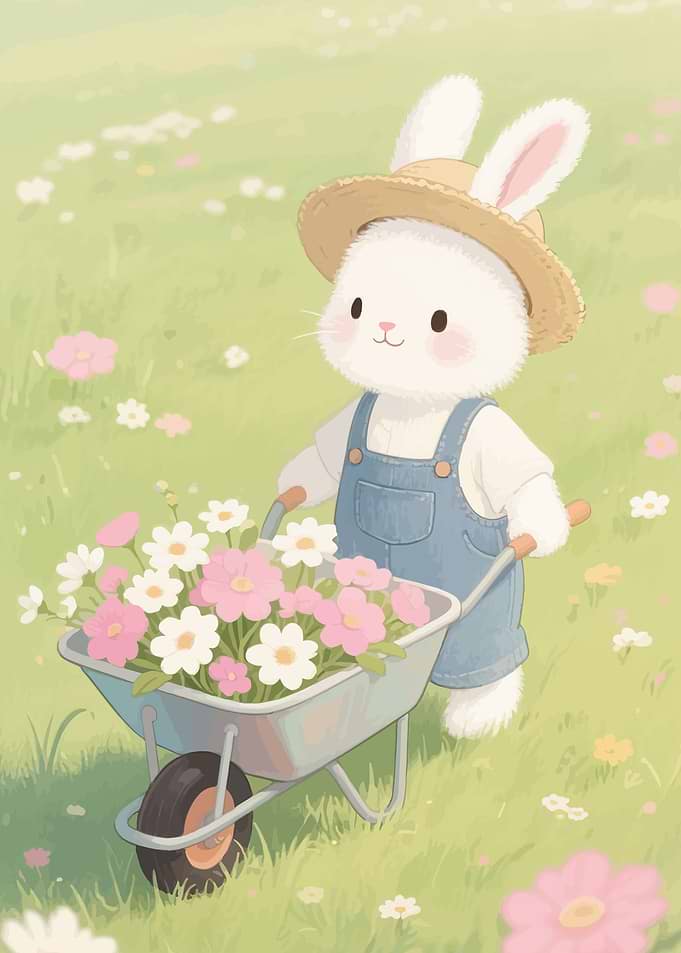 Cute Bunny Gardener with Flowers