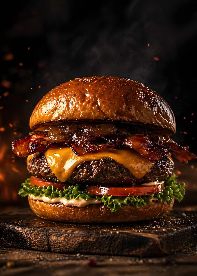 Gourmet Bacon Cheeseburger with Smoke and Sparks