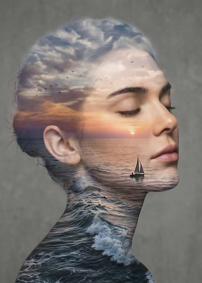 Double Exposure Portrait of Woman and Ocean Sunset