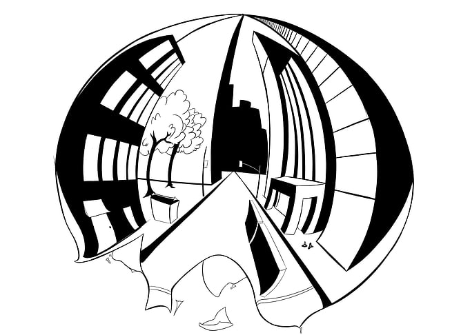 Distorted Cityscape with Buildings and Tree