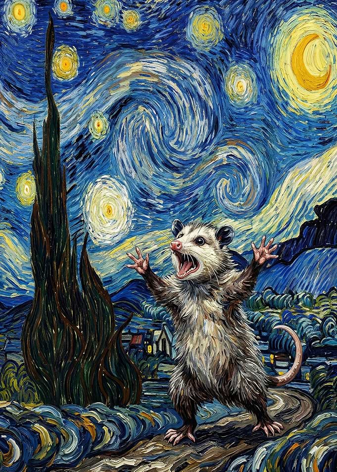 Opossum in Starry Night, possum panic attack