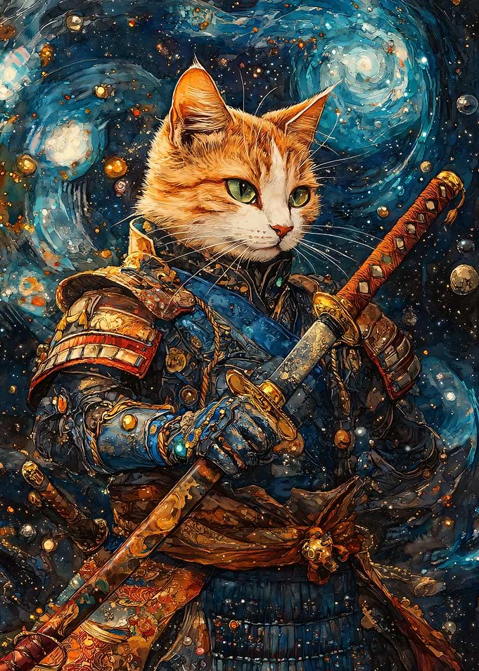 Aniimal Samurai Cat in Starry Night Space