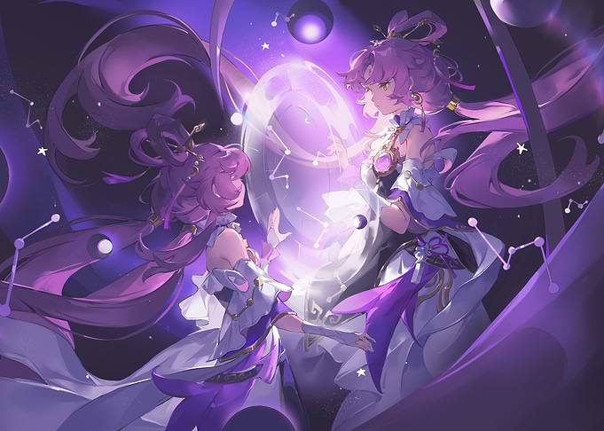Two Anime Girls in Cosmic Setting