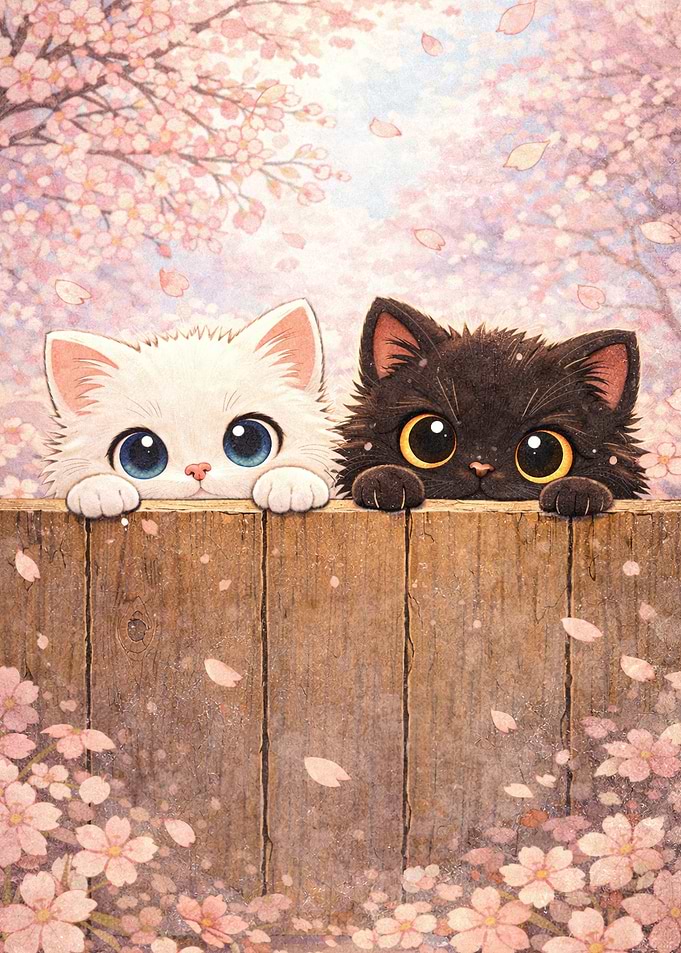 Two cute kittens behind a wooden fence