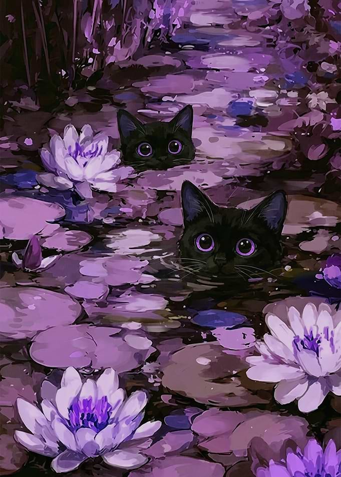 Two Black Cats in a Lily Pond