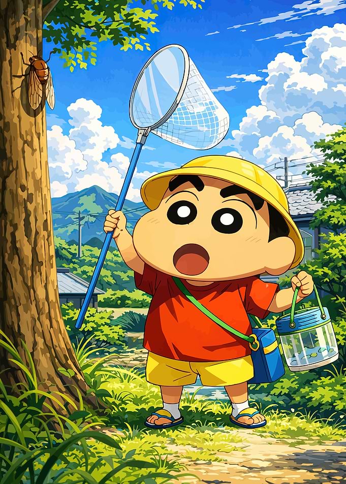 Shinchan Catching Cicadas with a Net
