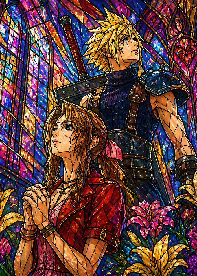 Cloud and Aerith Stained Glass Art