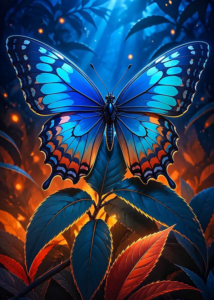 Vibrant Blue Butterfly on Dark Leaves