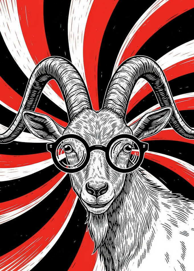 Goat Wearing Glasses with Red and Black Background