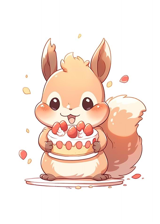 Cute Squirrel Holding a Strawberry Cake