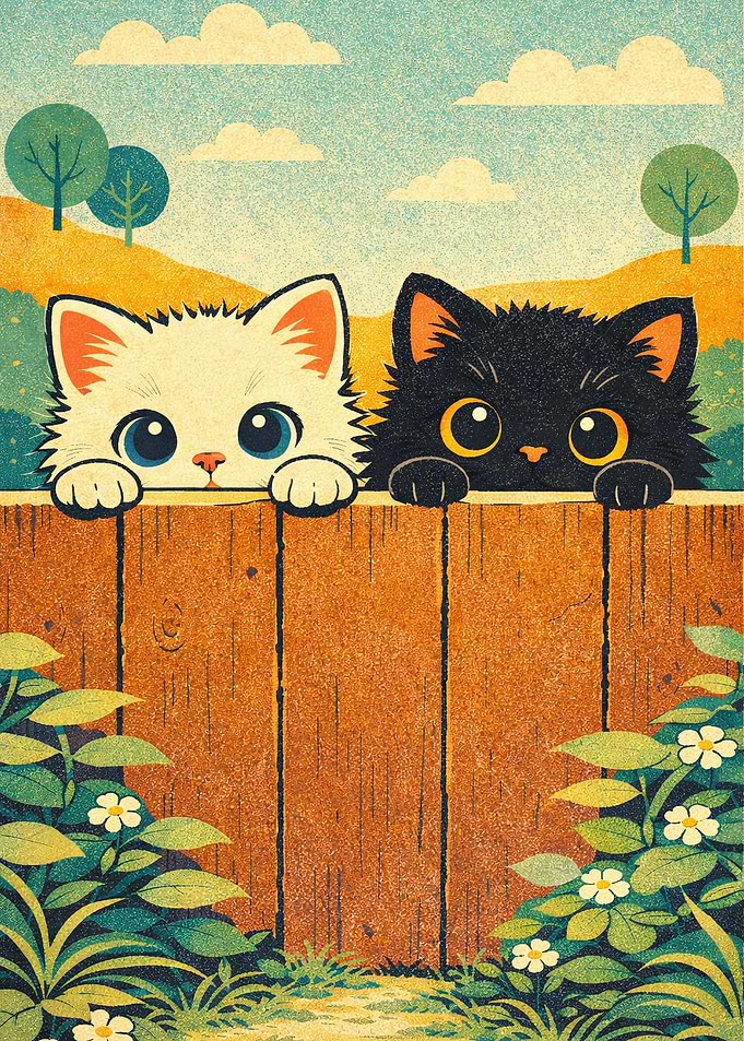 Two Kittens Peeking Over a Fence