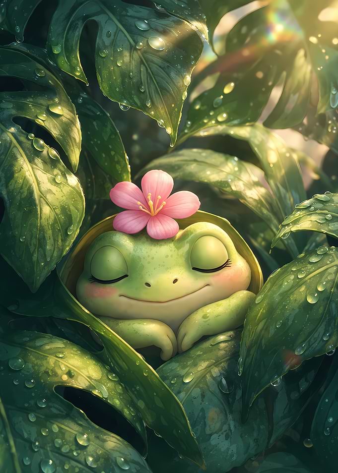 Cute Frog Sleeping with Flower