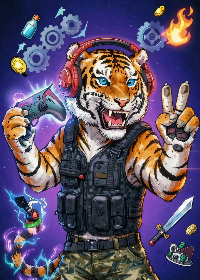 Gamer Tiger with Controller and Sword