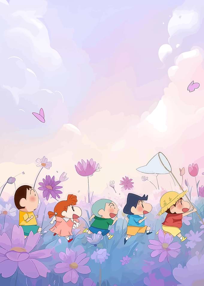 Shinchan and friends chasing butterflies