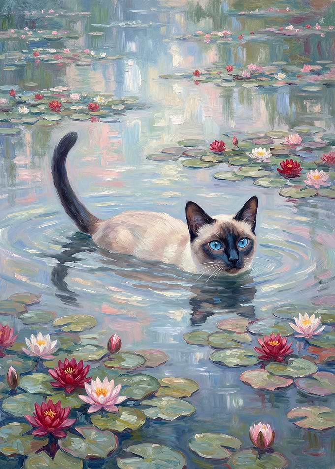Siamese Cat in Water Lilies