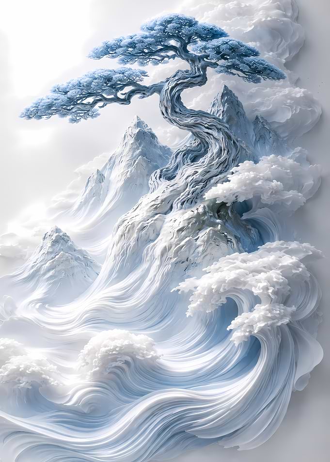 Serene Winter Mountain Landscape with Bonsai