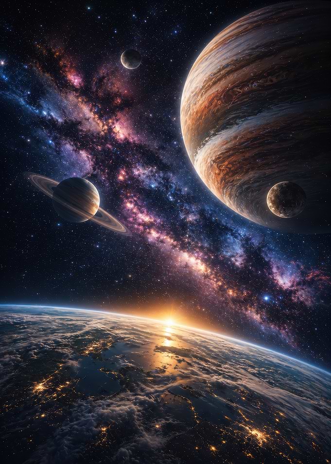 Cosmic vista with planets and nebula
