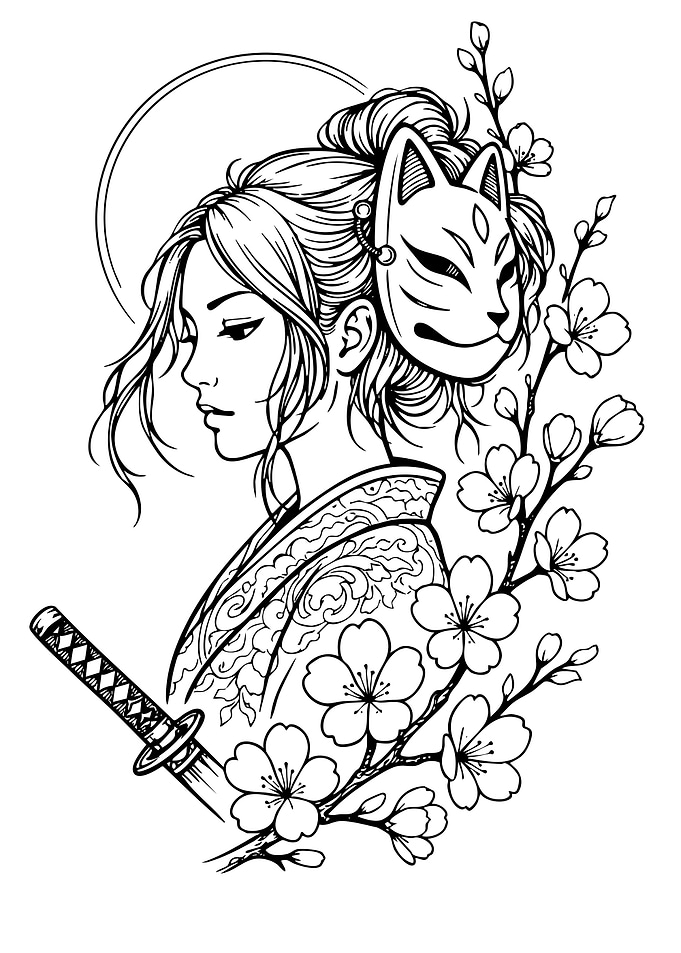 Geisha with Fox Mask and Katana