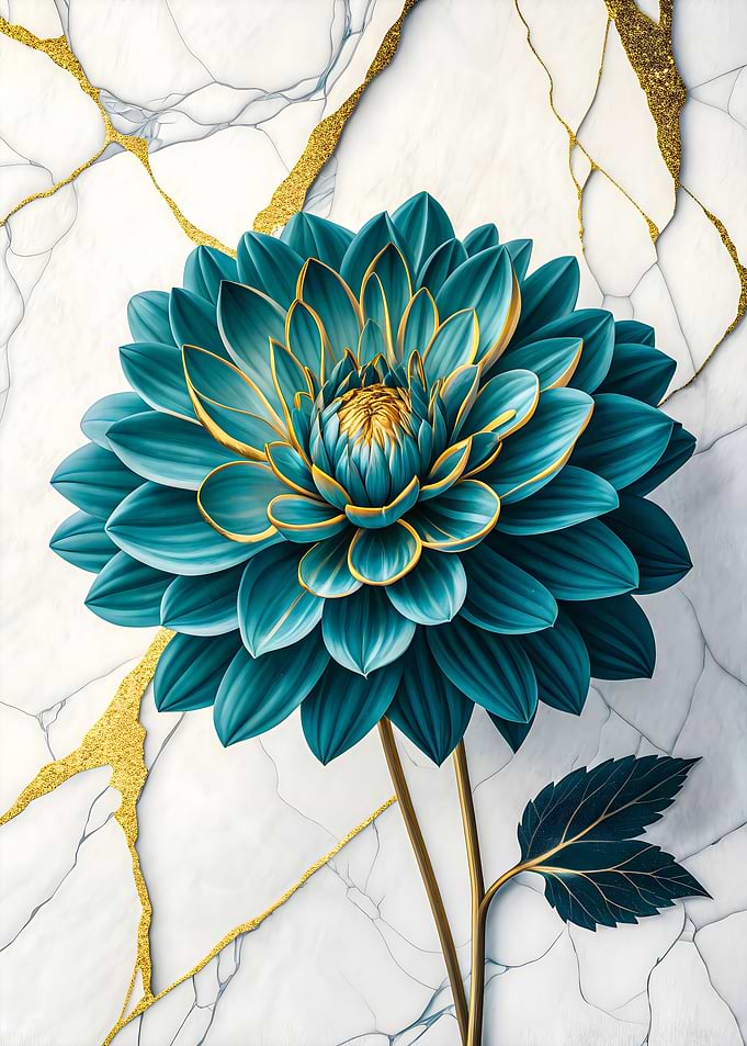 Opulent Dahlia: Teal and Gold Bloom on Marble Veins – Luxurious Botanical Art