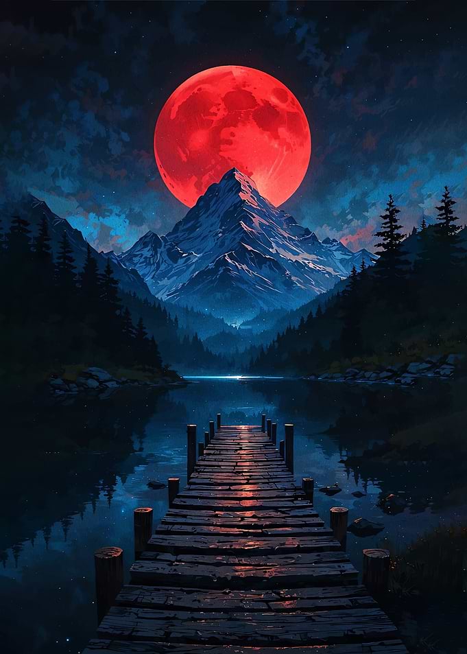 Red Moon Over Mountain Lake