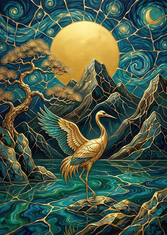 Golden Crane in a Japanese Landscape