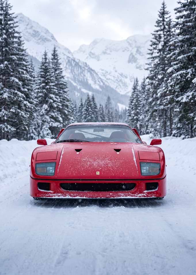 Red Ferrari F40 in Snowy Mountains