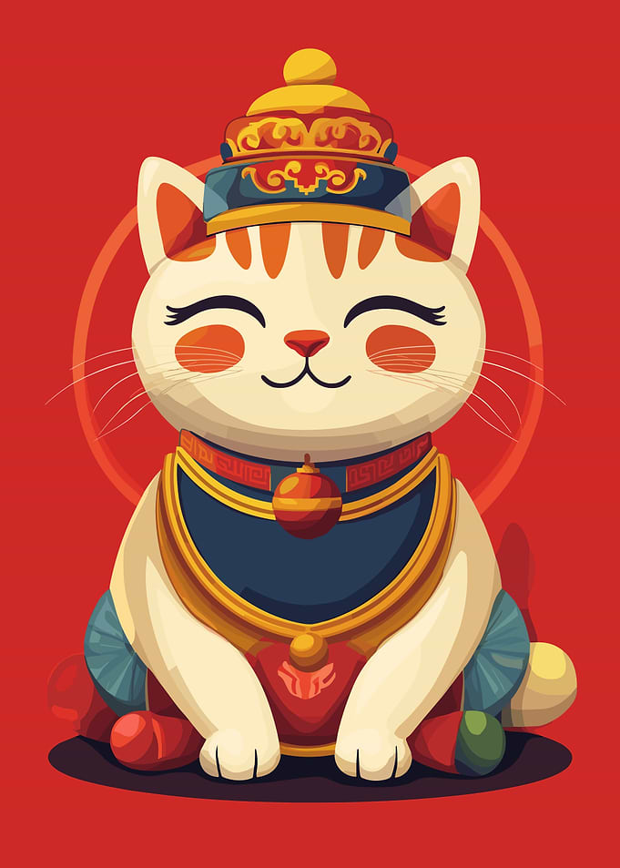 Chinese Cat with Traditional Hat and Collar