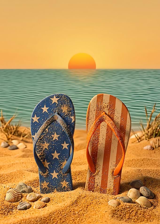 Patriotic Flip-Flops on a Beach at Sunset