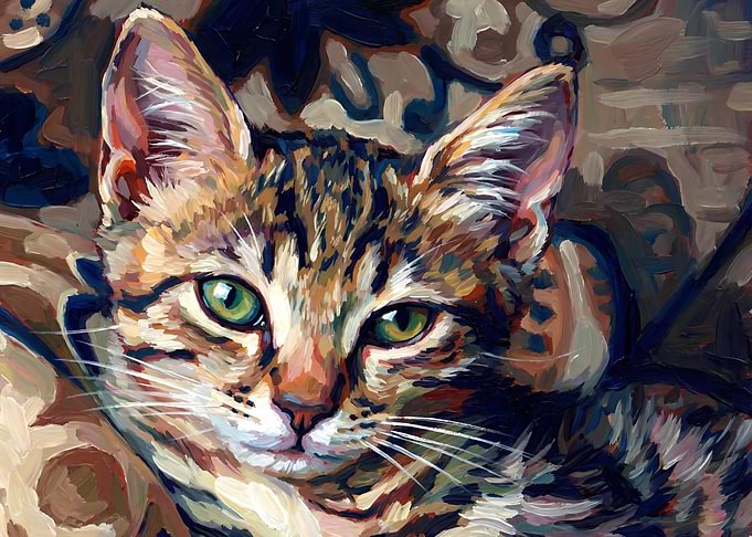 Close-up painting of a tabby cat