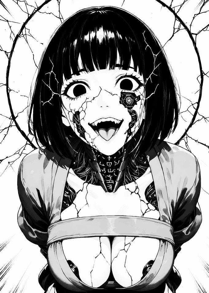 Cracked Cyborg Girl with Wide Eyes Manga Art