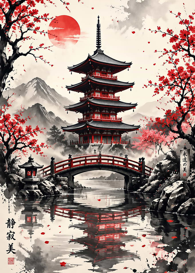Japanese Pagoda and Cherry Blossoms