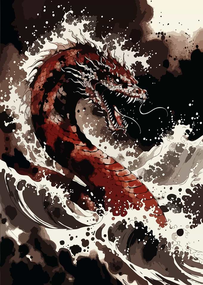 Red Dragon in Crashing Waves