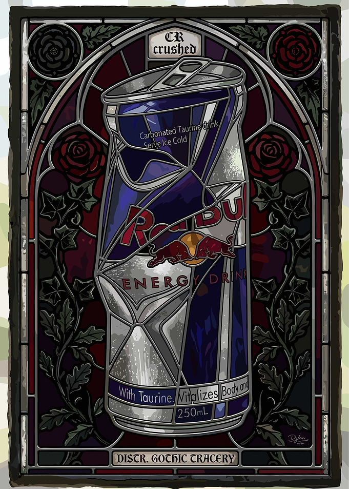 Crushed Red Bull Can in Stained Glass Style