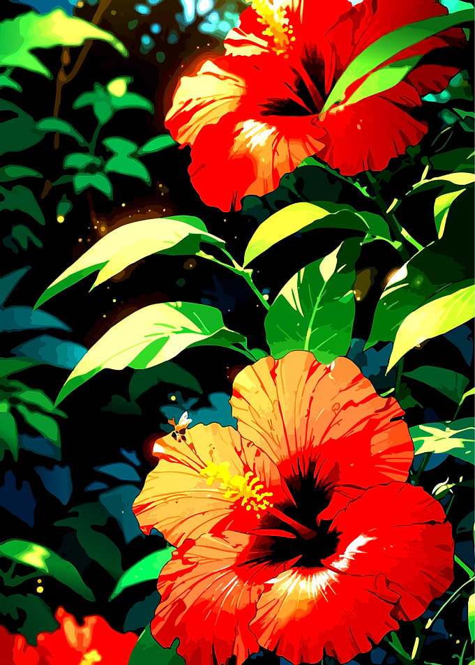 Vibrant Hibiscus Flowers in Lush Greenery