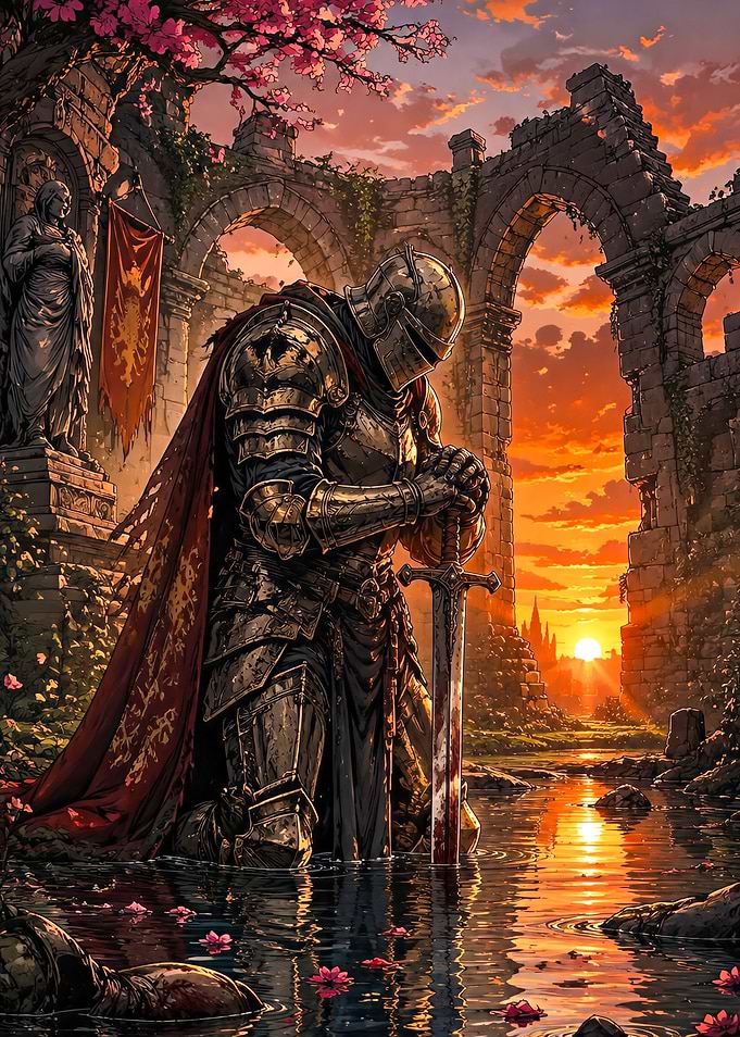 Knight Kneeling in Ruins at Sunset