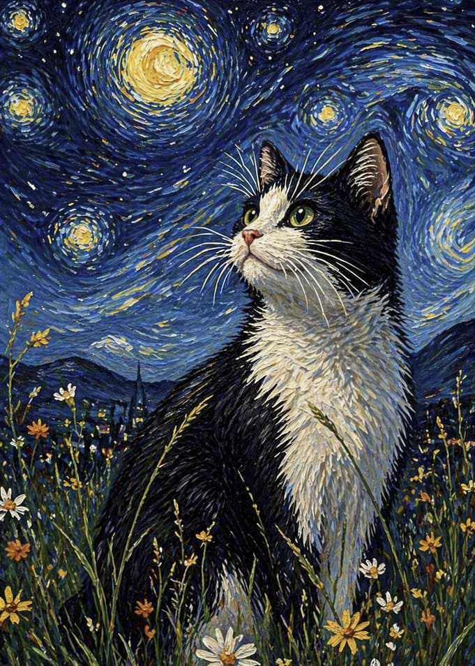 Tuxedo Cat in Starry Night Field