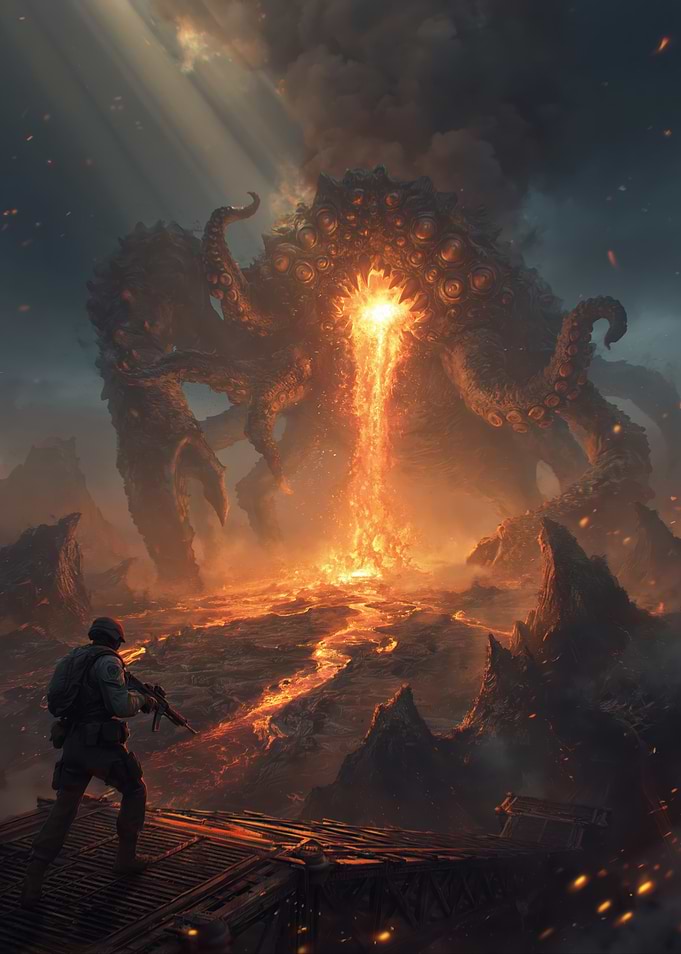 Soldier Faces Colossal Lava Monster
