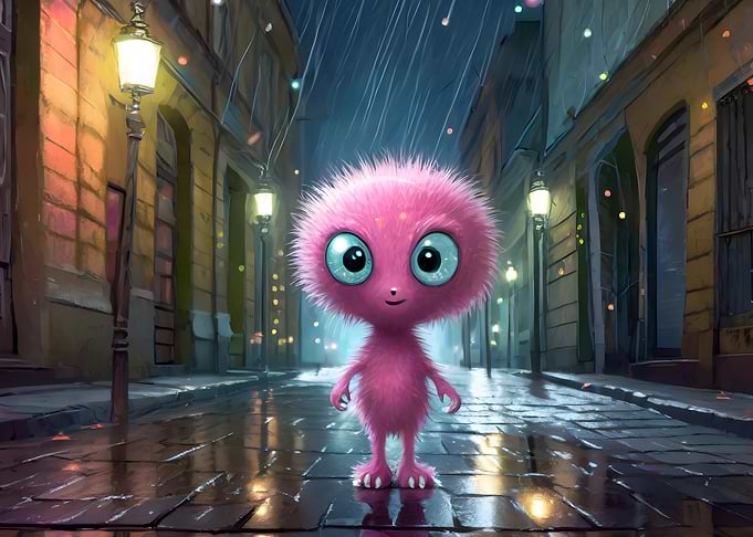 Cute Pink Creature in Rainy City