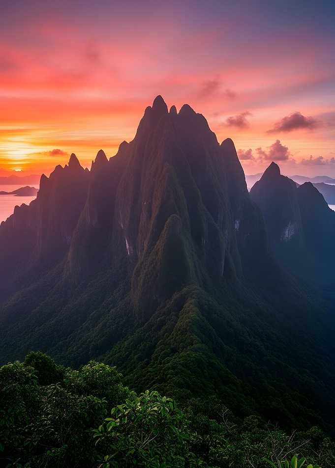 Dramatic Mountain Sunset Over Ocean