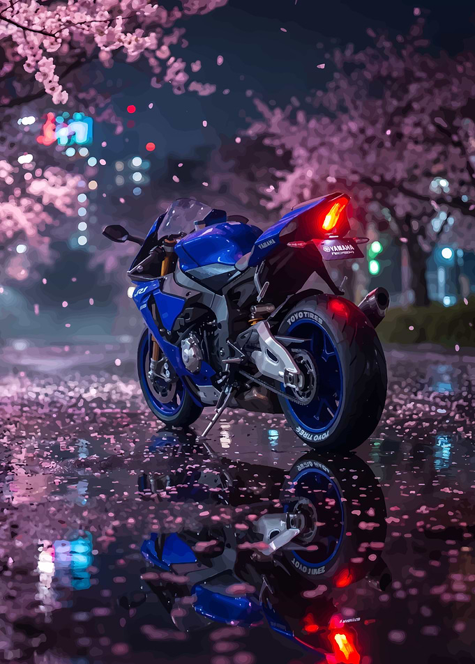 Blue Yamaha Motorcycle with Cherry Blossoms