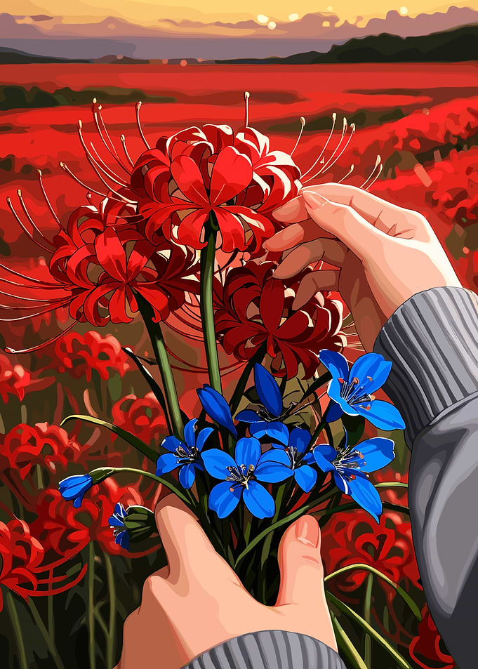Hands holding red and blue flowers